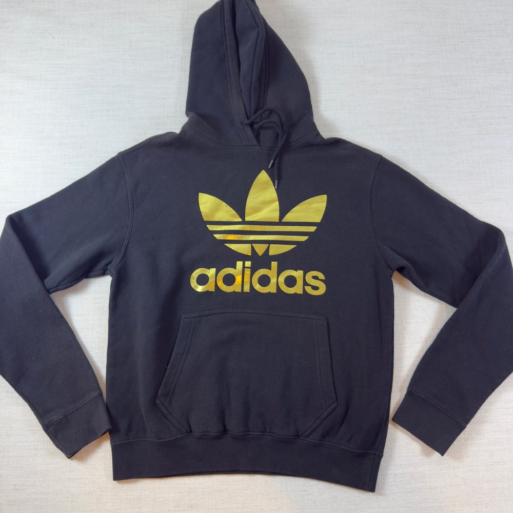 Adidas Originals Trefoil Hoodie Mens S Black Gold Metallic Logo Sweatshirt